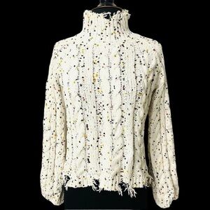 Almost Famous Juniors 2X White/Confetti Distressed Mockneck Bell Sleeve Sweater